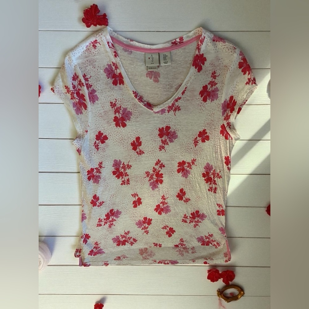 Joie | Pink & Red Floral Short Sleeve Hi Low Top 100% Linen | Size Medium